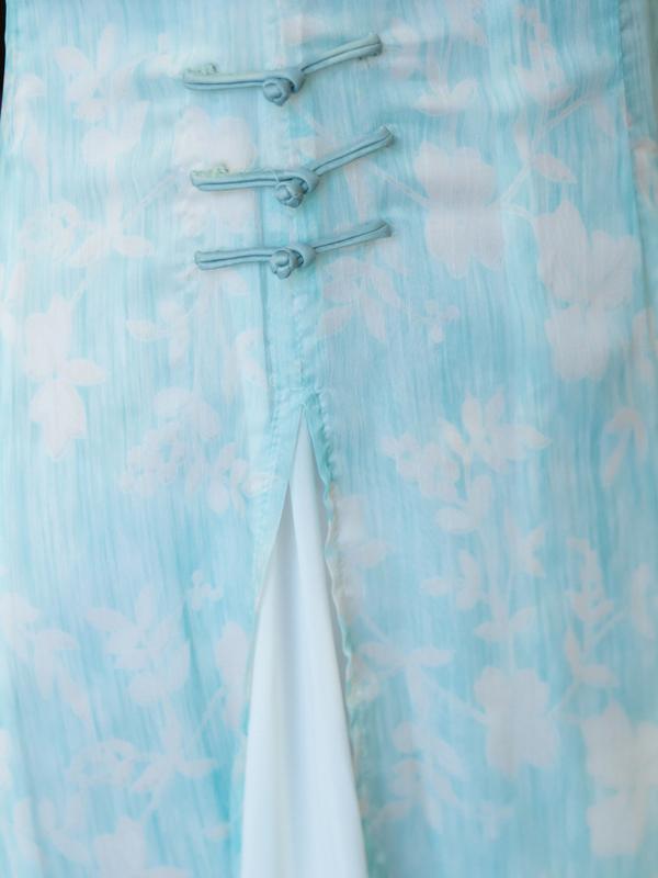 Chiffon Blue&Pink Split-side Ao Dai Cheongsam