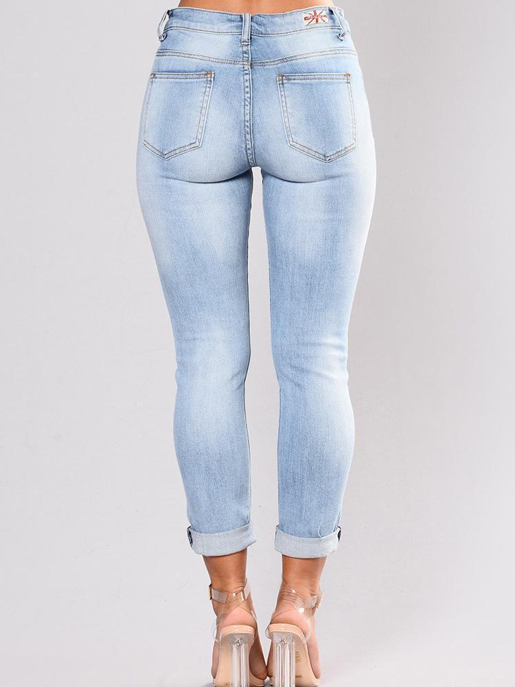 Elastic Embroidered Ripped Pencil Jean Pants Bottoms