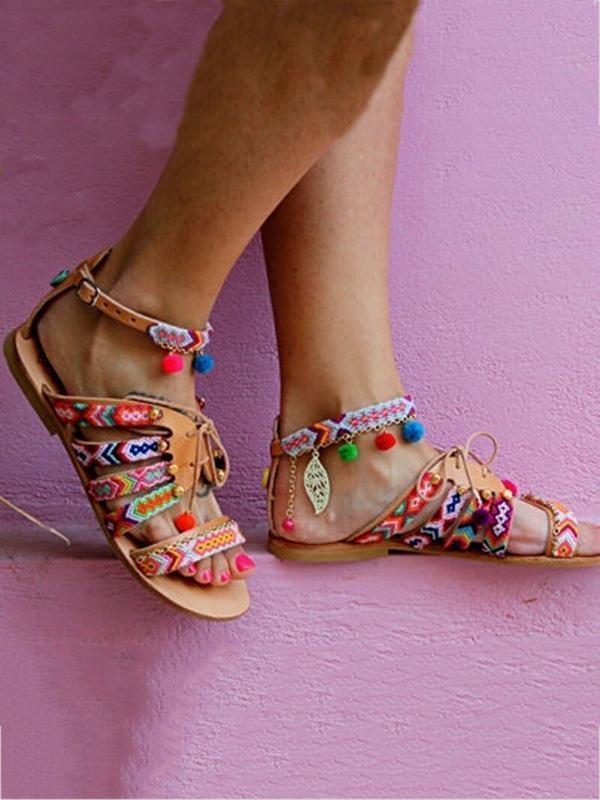 Bohemia Floral Pompoms & Leaf Decorated Beach Flat Sandals