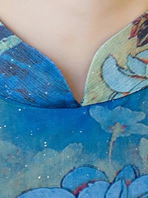 Vintage Blue Floral Stand-collar Ao Dai Long Cheongsam