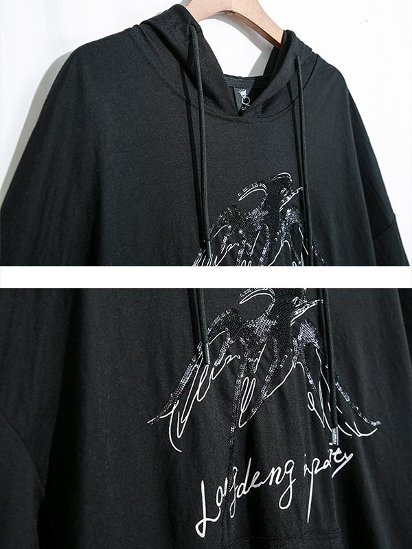 Loose Printed Black Hoodie