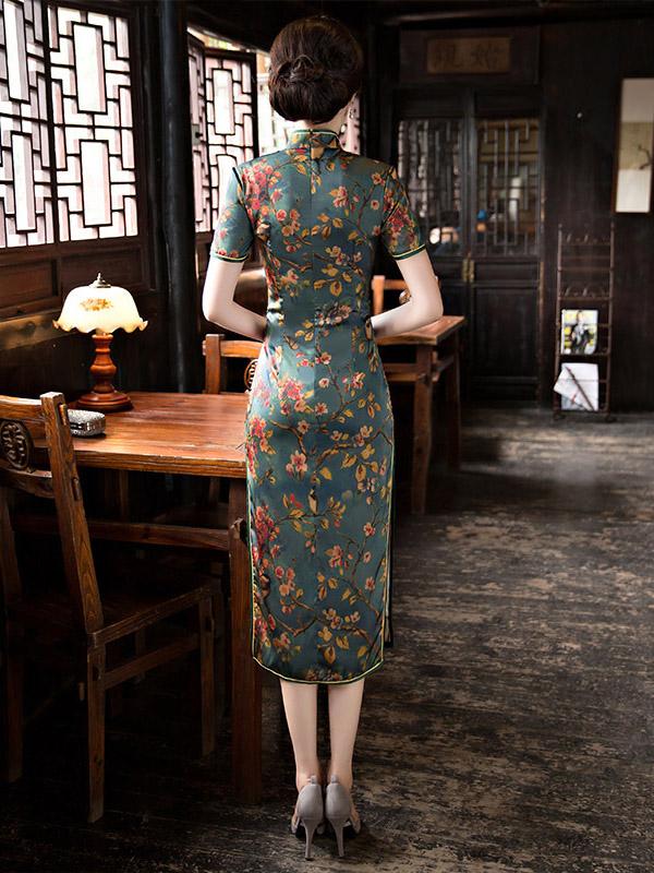 Green Peach Blossom Print Stand-collar Long Cheongsam
