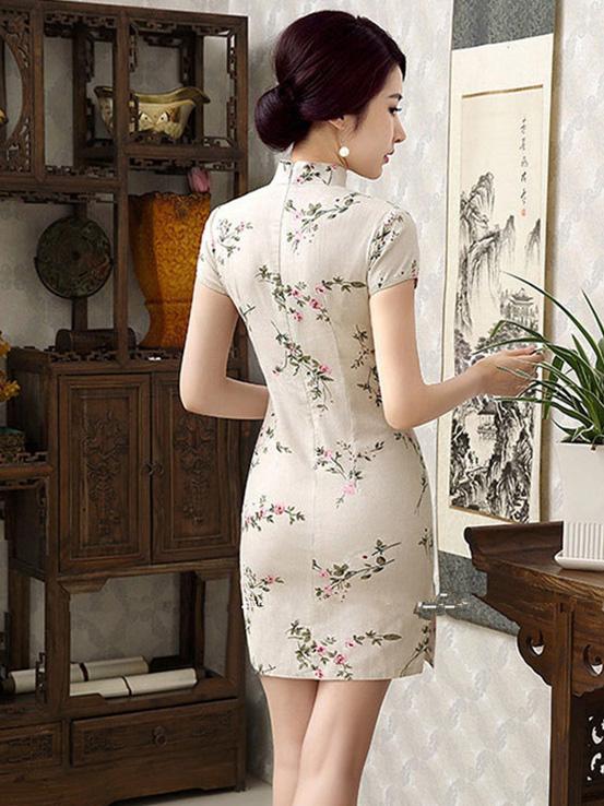 Linen Flower Print Short Cheongsam Dress