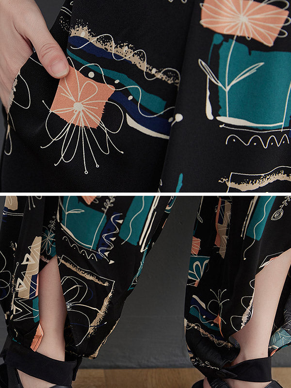 Stylish Printed Belted Split-Side Lapel Short Sleeves Loose Jumpsuits
