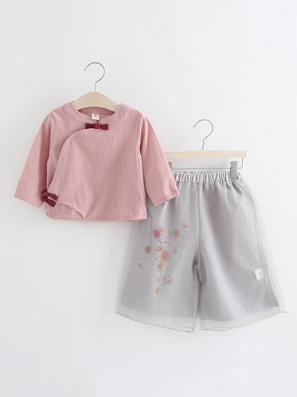 Chinese Style Original Little Girl Suit Pants and T-shirt with Floral Ornament