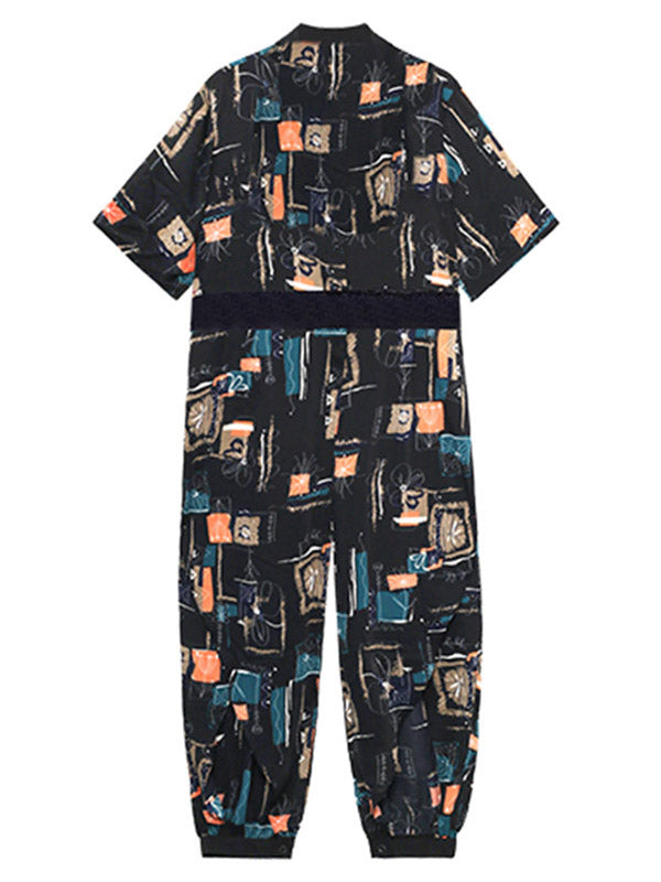 Stylish Printed Belted Split-Side Lapel Short Sleeves Jumpsuits