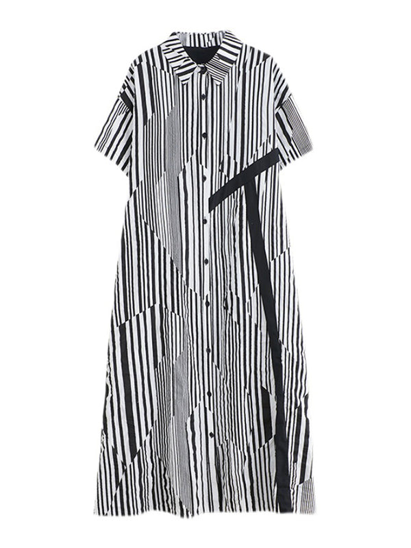 Artistic Retro Loose Striped Contrast Color Midi Shirt Dress