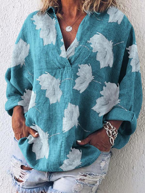 V-neck Printed Long Sleeve Blouses&ShirtsTops