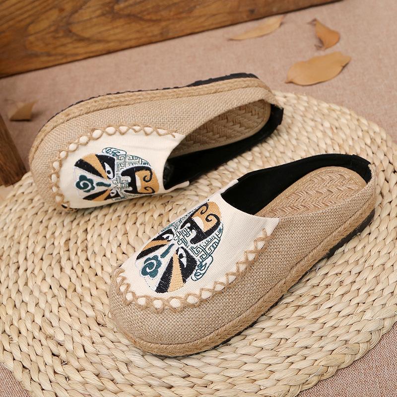 Peking Opera Mask National Wind Women's Shoes Manual Linen Straw Embroidered Slippers