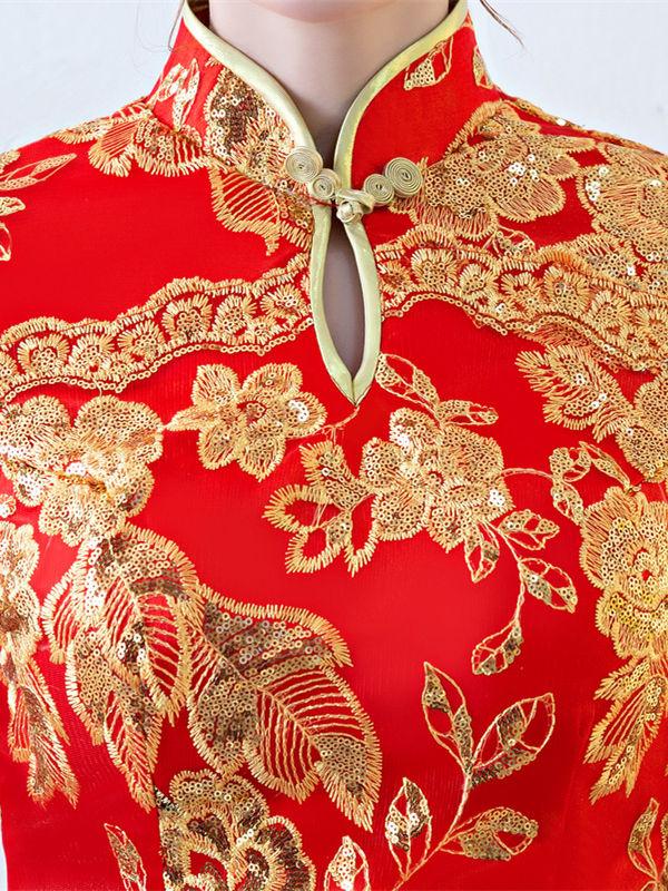 Red Lace Embroidered Mermaid Cheongsam Evening Dress