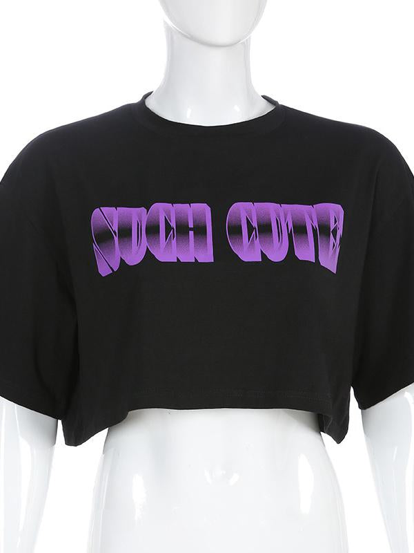 Fashion Letters Printed Loose Exposed Navel T-Shirts Top