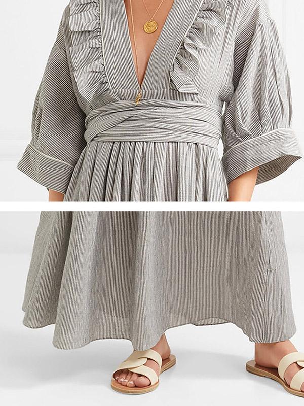 Pinstripe V-neck Half Sleeves Maxi Dress