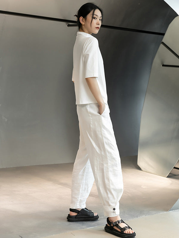 Simple White Stand Collar Half Sleeve Asymmetric T-Shirt