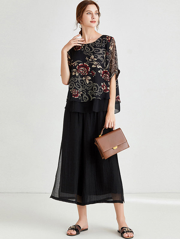 Original Silk Floral Printed Contrast Color T-Shirt Top