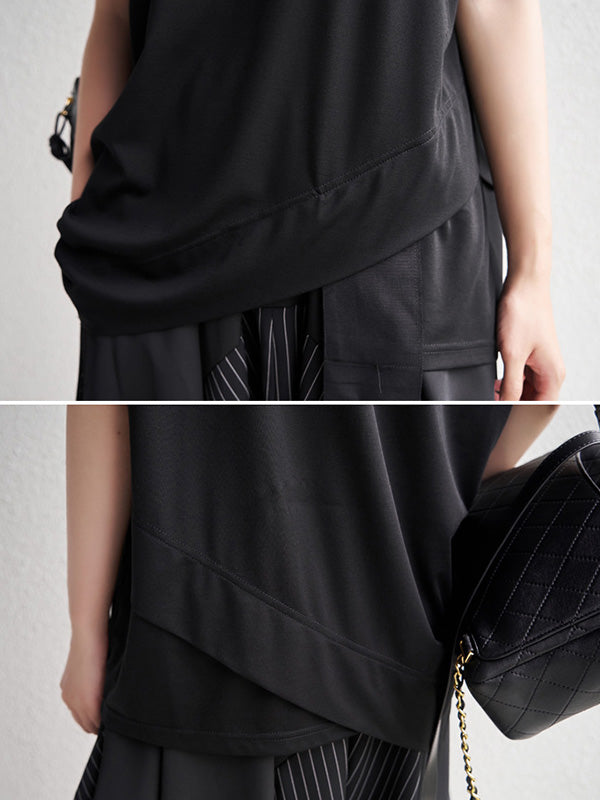 Original Black&White Asymmetric Round-Neck Short Sleeves T-Shirts