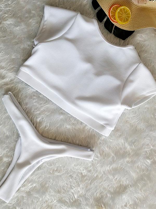 Button Short Sleeves Solid Bikinis Swimwear