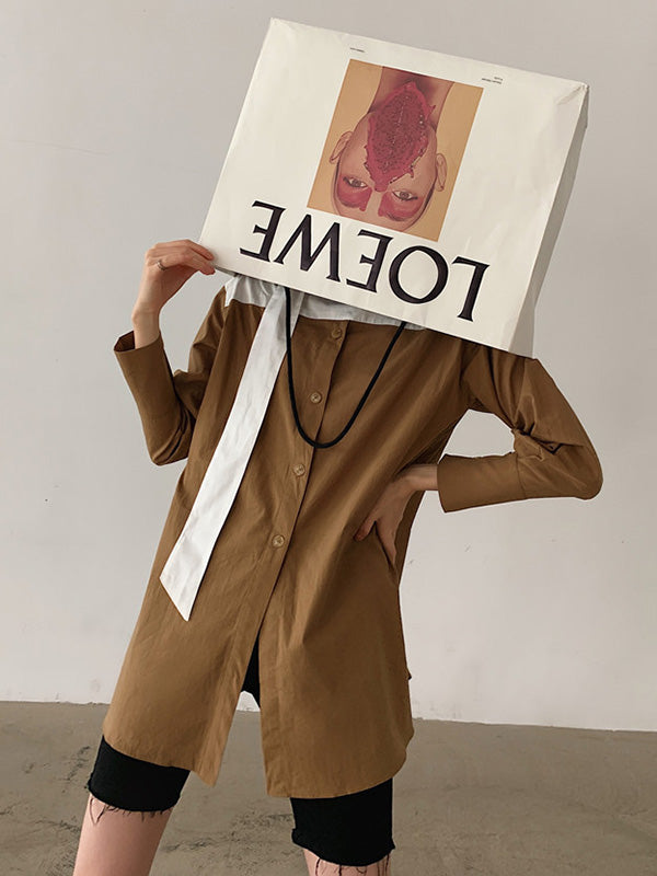 Original Loose Color Matching Split-Joint Buttoned Stand Collar Long Sleeves Blouse