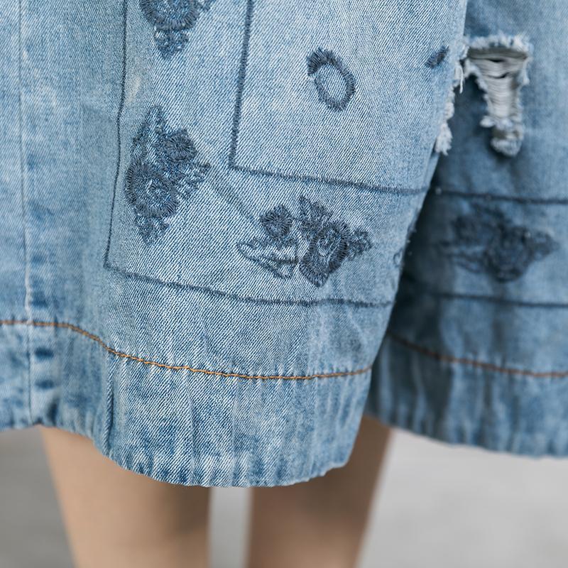 Embroidery Drawstring Casual Wide Leg Jeans