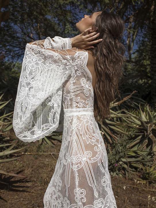 Lace-up Flared Sleeve V-back Evening Dress