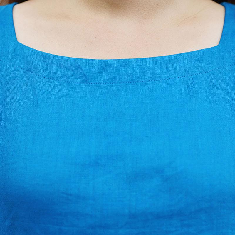 Women Square Collar Half Sleeve Loose Blue Short Dress