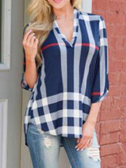 Popular Fashion Gingham V Neck 3/4 Sleeve Loose T-Shirt Tops