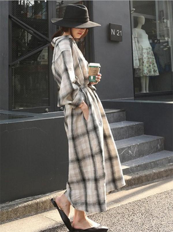 BIG PLAID LACE-UP LONG SHIRT DRESS
