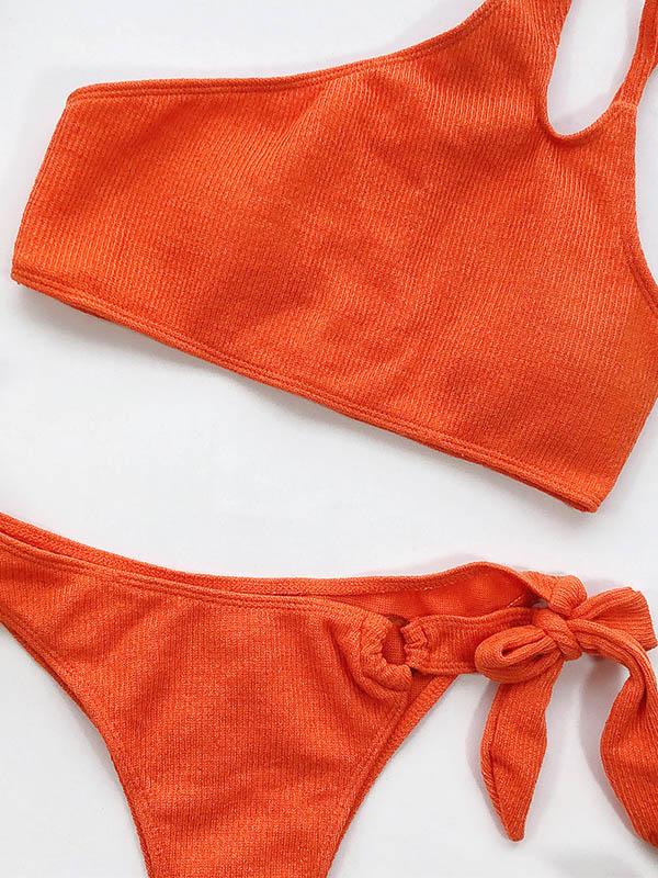 Solid Color One-Shoulder Knotted Split Bikini Swimsuit