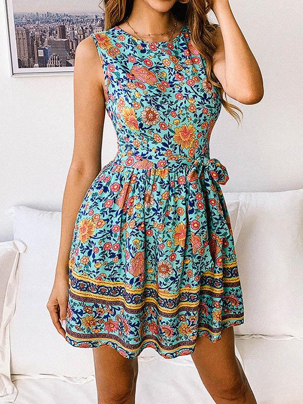 Printed Round Neck Mini Dresses