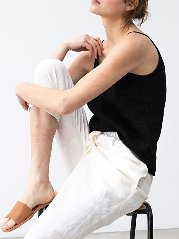 Vintage Ramie Cotton Spaghetti-Neck Round-Neck Mini Dress