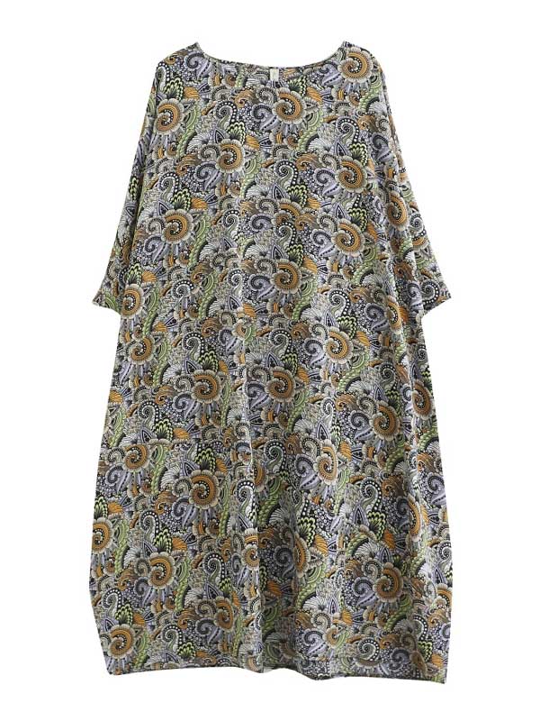 Loose National Floral Printed Round-Neck Batwing Sleeves Midi Dress