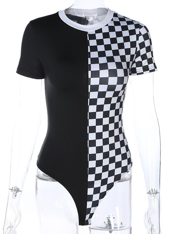 Plaid Short Sleeves Round-neck Bodysuits