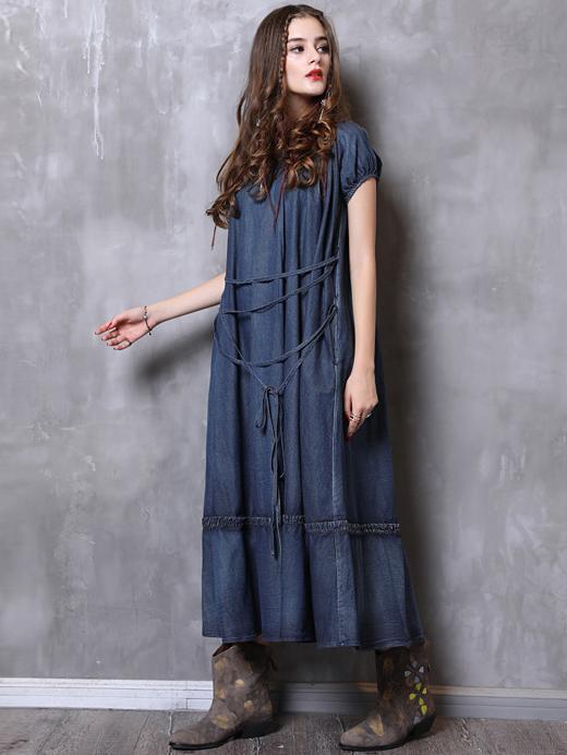 Simple Strap Loose Denim Midi Dresses