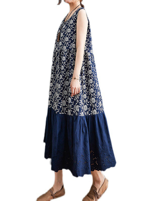 Loose Ramie Cotton National Printed Split-Joint Hollow Pleated Round-Neck Sleeveless Midi Dress