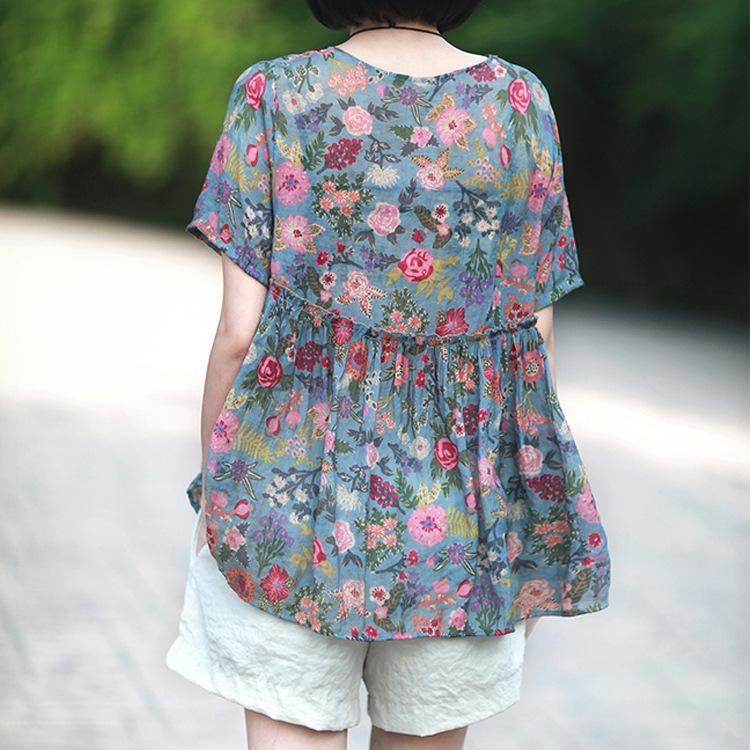 Floral Round Neck Short Sleeve Blouse