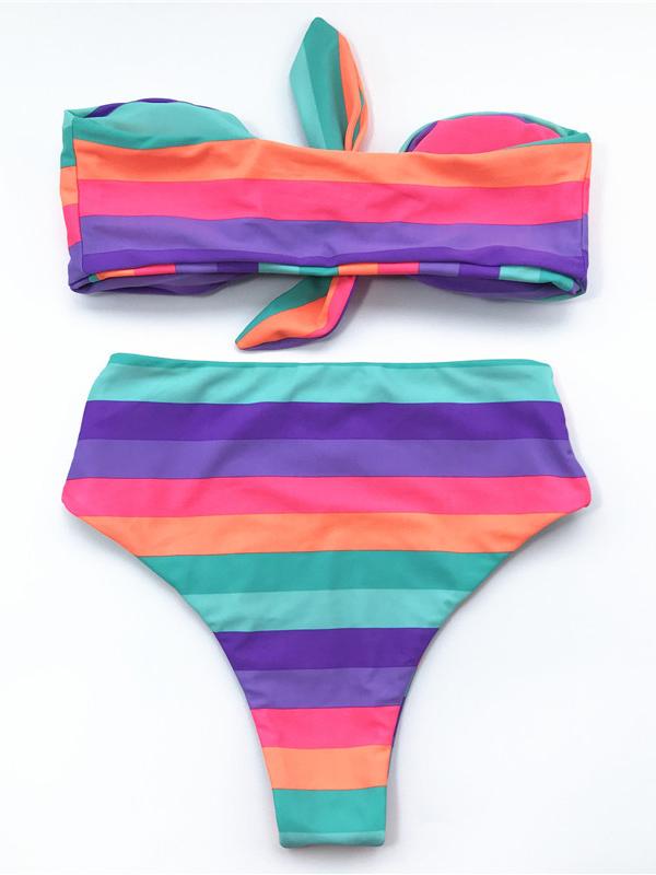 Strapless Knotted Color Stripe Bikini Swimsuit