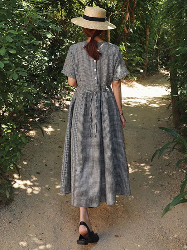 Ramie Cotton Plus Size Plaid Fresh Midi Dresses