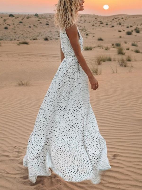 Pretty Bohemia Polka-dot V Neck Maxi Dress