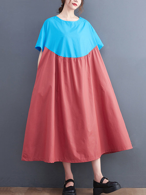 Original Loose Contrast Color Pleated Midi Dress