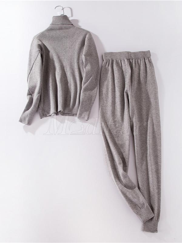 High-neck Rhombic Knitting Sweater and Pants Suits