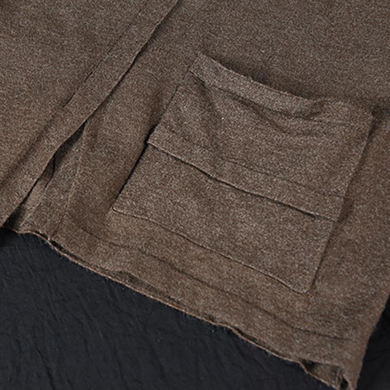 Buykud Solid Color Single Pocket Round Neck Casual Blouse