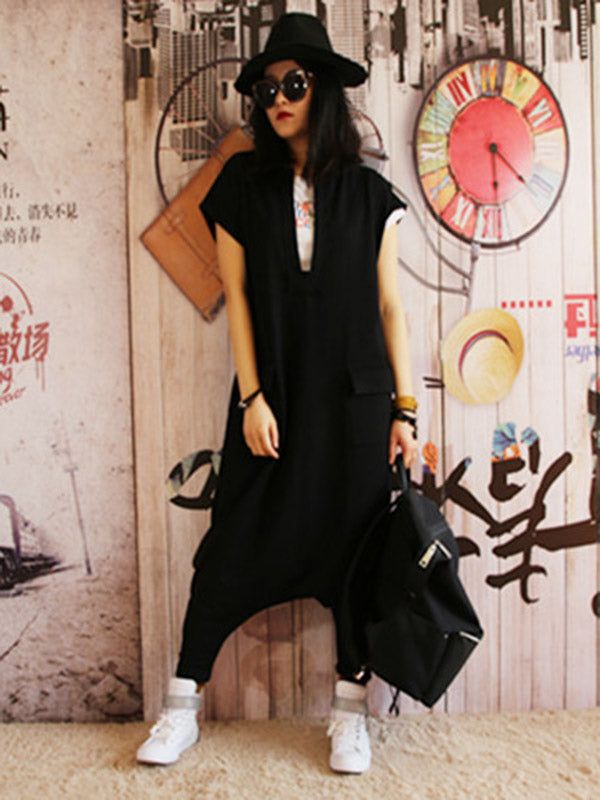 Casual Cool Solid Color Pleated V-Neck Short Sleeves Wide Legs Jumpsuit