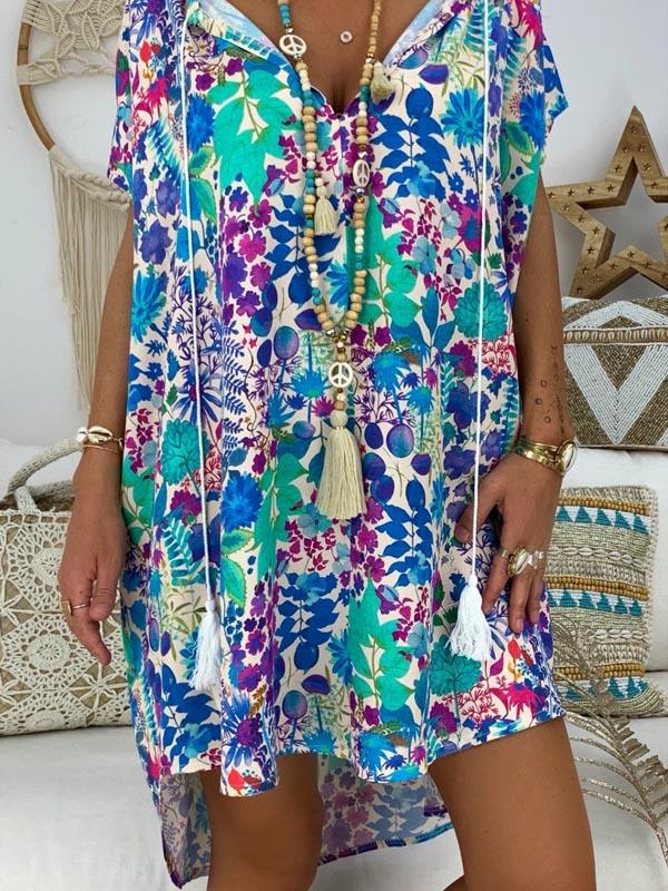 Tasseled V-neck Printed Mini Dress