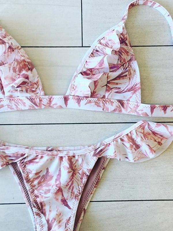 Sexy Deep V-Neck Falbala Printing Split Type Bikini Swimsuit