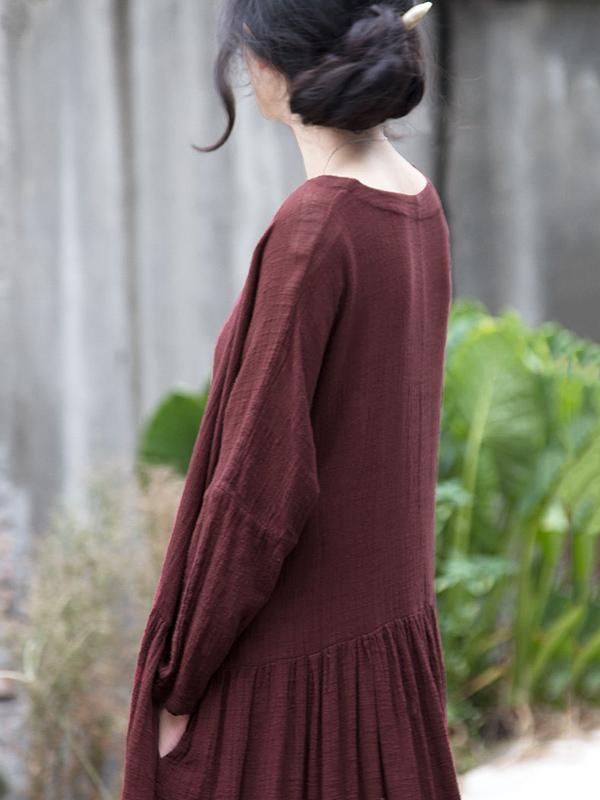 Ramie Cotton V-neck Loose Vintage Solid Midi Dresses