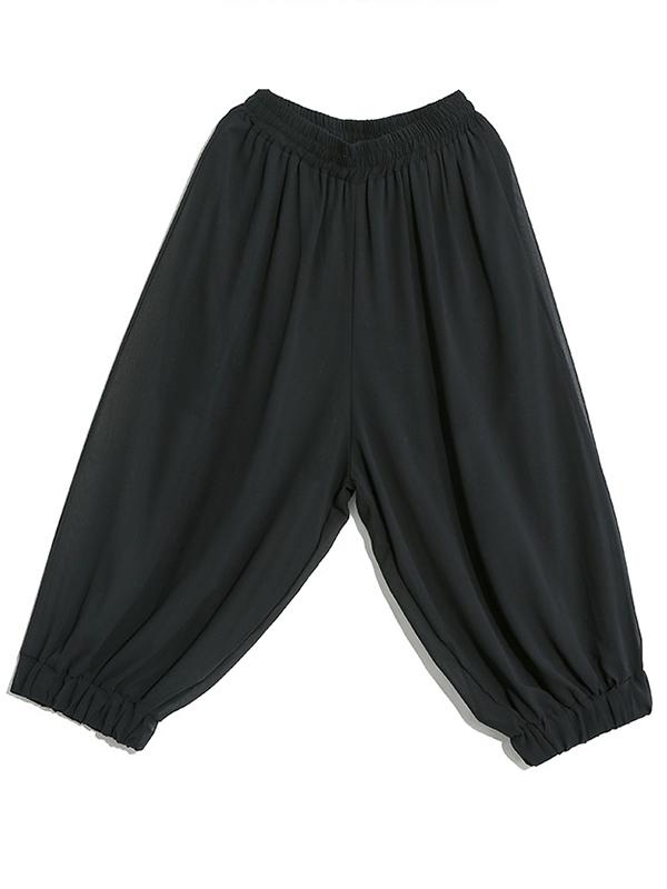 Chiffon See-through Elastic Waist Solid Wide Leg Pants Design
