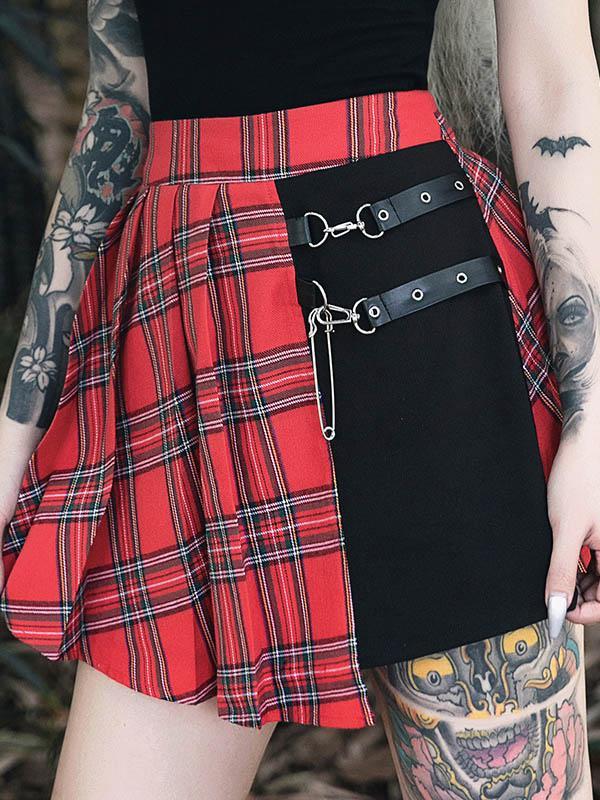 Punk A-Line Contrast Color Plaid Split-Joint Skirts Bottoms