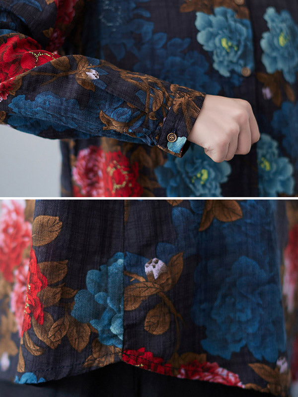 Artistic Retro Floral Printed Buttoned Lapel Collar Long Sleeves Blouse