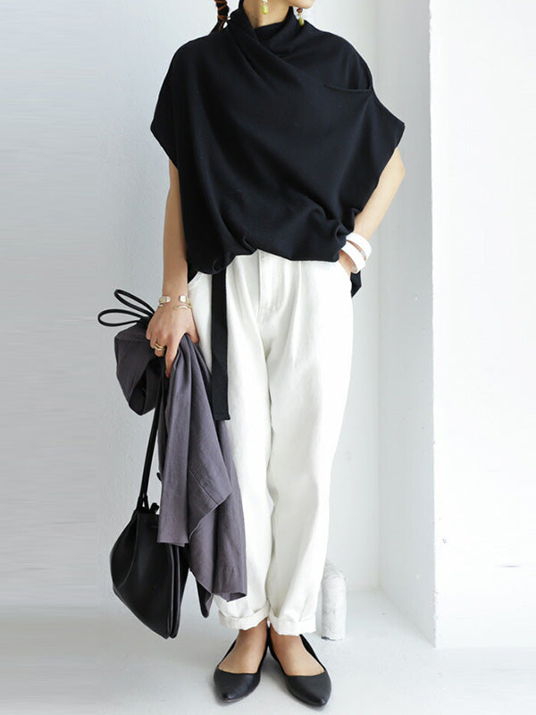 Casual Irregular Solid Color Pleated Heaps Collar Short Sleeves T-Shirt