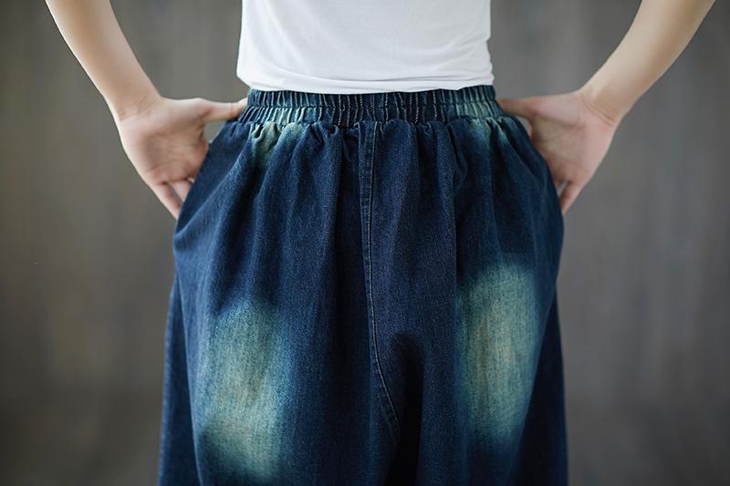 Summer Dark Blue Casual Denim Loose Dropped Crotch Pants