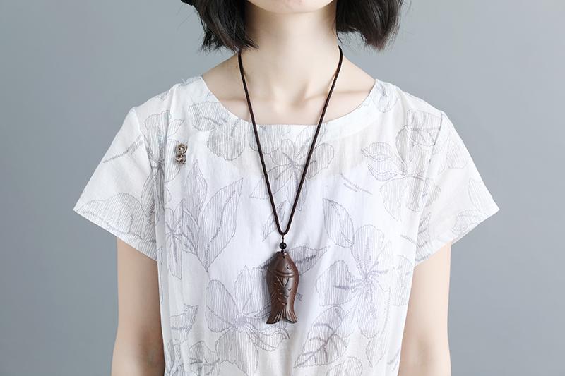 Women Short Sleeve Printed Lacing White Dress